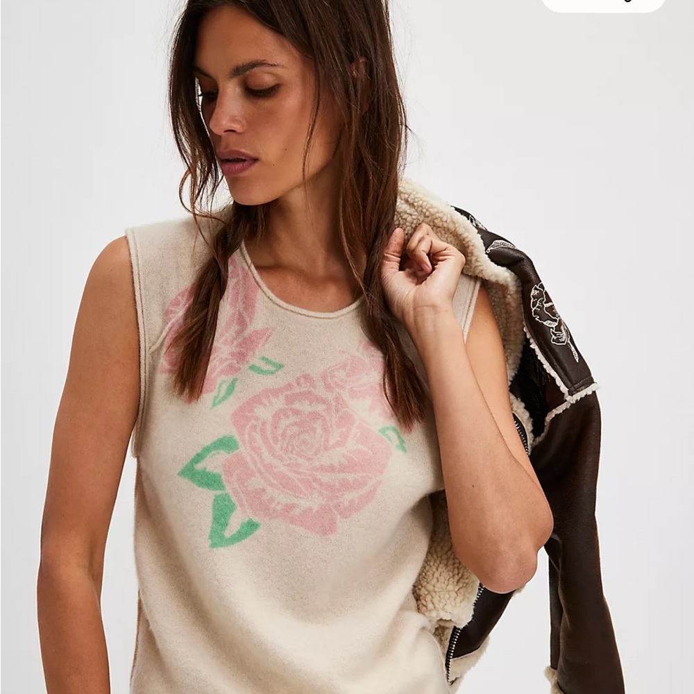 100% cashmere We The Free Cream Muscle Tee with Pink and Green Floral